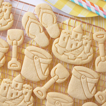 Set of 4 Summer Beach cookie cutters (Designs: Bucket, Sand Castle, Flip Flops, Spade), 4 pieces - Bakerlogy