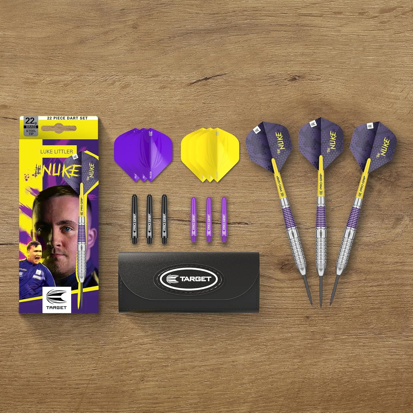 TARGET Darts Luke Littler Brass Steel Tip Darts Set ??? 22G Steel Tip Dart, The Nuke Player Edition Dart Set, Dart Flights, Shafts & Dart Case Included | Professional Dart Accessories