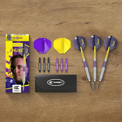 TARGET Darts Luke Littler Brass Steel Tip Darts Set ??? 22G Steel Tip Dart, The Nuke Player Edition Dart Set, Dart Flights, Shafts & Dart Case Included | Professional Dart Accessories