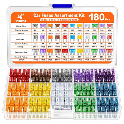 JOREST 180Pcs Fuse Kit,60 Mini Car Fuses Assortment + 60 Standard Blade Automotive Fuses + 60 Micro Fuses Auto + 1 Puller ???11 Specifications: 2Amp 3A 5A 7.5A 10A 15A 20A 25A 30A 35A 40A