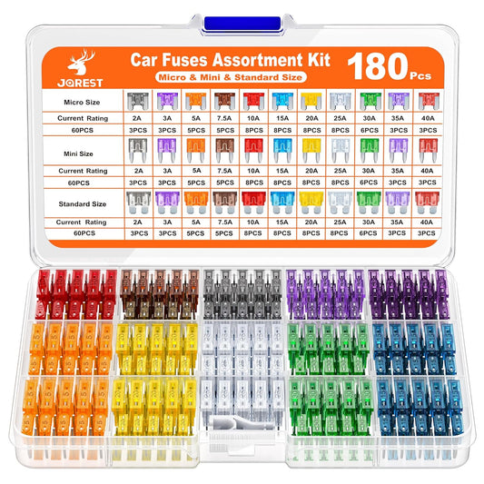 JOREST 180Pcs Fuse Kit,60 Mini Car Fuses Assortment + 60 Standard Blade Automotive Fuses + 60 Micro Fuses Auto + 1 Puller ???11 Specifications: 2Amp 3A 5A 7.5A 10A 15A 20A 25A 30A 35A 40A