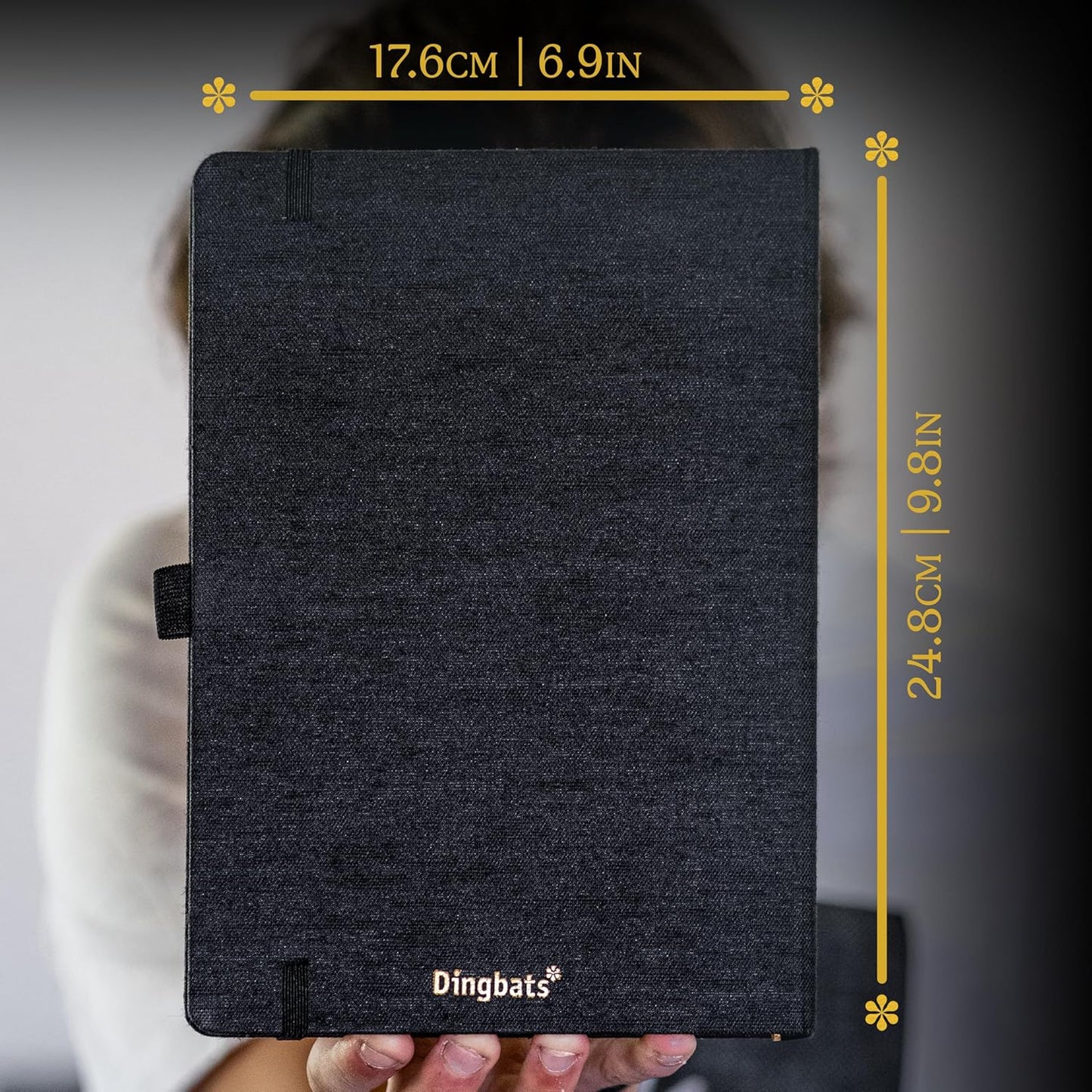 Dingbats* Pro Dotted Large B5 Notebook - Black Textile Cover, Thread-Bound Writing Journal - for Work, Travel - Pocket, Elastic Closure, Bookmark