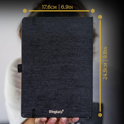 Dingbats* Pro Dotted Large B5 Notebook - Black Textile Cover, Thread-Bound Writing Journal - for Work, Travel - Pocket, Elastic Closure, Bookmark