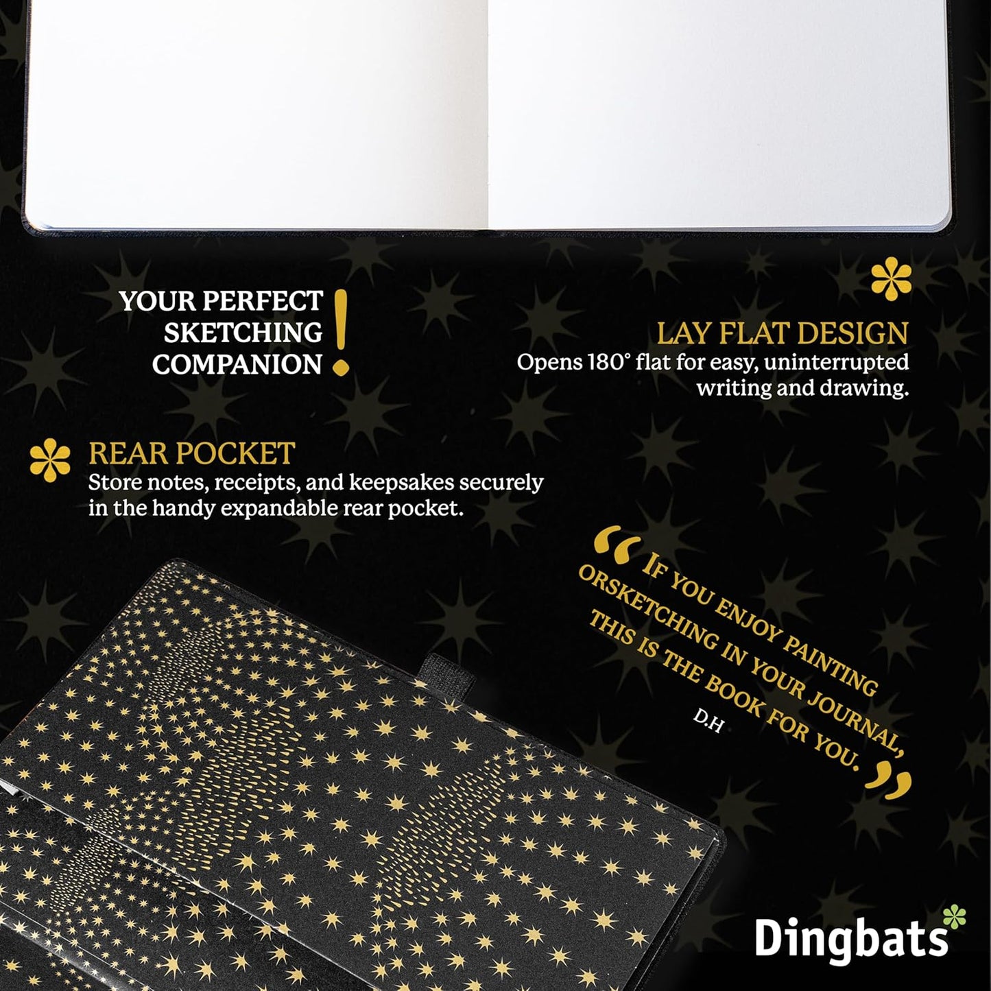 Dingbats* Pro Dotted Large B5 Notebook - Black Textile Cover, Thread-Bound Writing Journal - for Work, Travel - Pocket, Elastic Closure, Bookmark