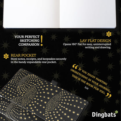 Dingbats* Pro Dotted Large B5 Notebook - Black Textile Cover, Thread-Bound Writing Journal - for Work, Travel - Pocket, Elastic Closure, Bookmark