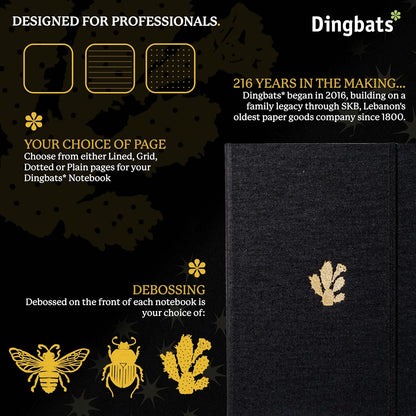 Dingbats* Pro Dotted Large B5 Notebook - Black Textile Cover, Thread-Bound Writing Journal - for Work, Travel - Pocket, Elastic Closure, Bookmark