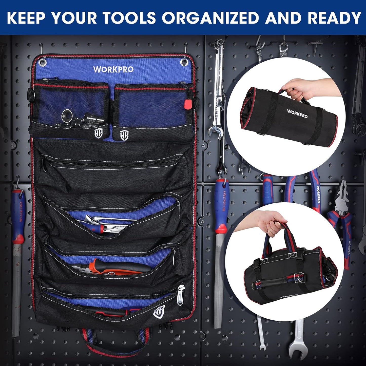 WORKPRO Roll Up Tool Bag With Detachable Pouches, Heavy Duty Organizer With 6 Pockets for Mechanic, Electrician, Plumber and Carpenter