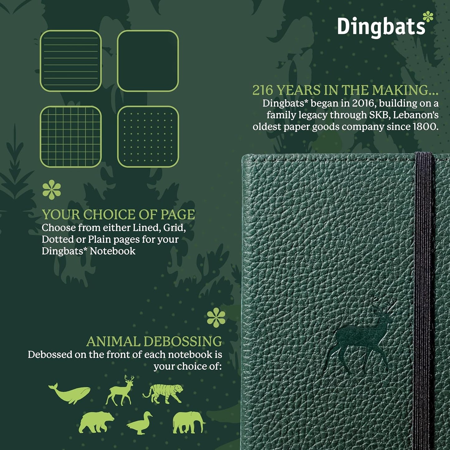 Dingbats* Wildlife A6 Dotted Pocket Notebook - PU Leather Hardcover - Small Writing Journal for Work, Travel - Pocket, Elastic Closure, Bookmark