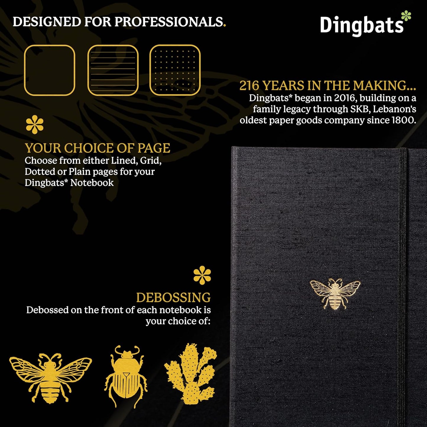 Dingbats* Pro Dotted Large B5 Notebook - Black Textile Cover, Thread-Bound Writing Journal - for Work, Travel - Pocket, Elastic Closure, Bookmark
