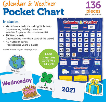 Learning Resources Calendar & Weather Pocket Chart - Classroom Calendar, Calendar and Weather Chart for Classroom, Teacher and Back to School Supplies