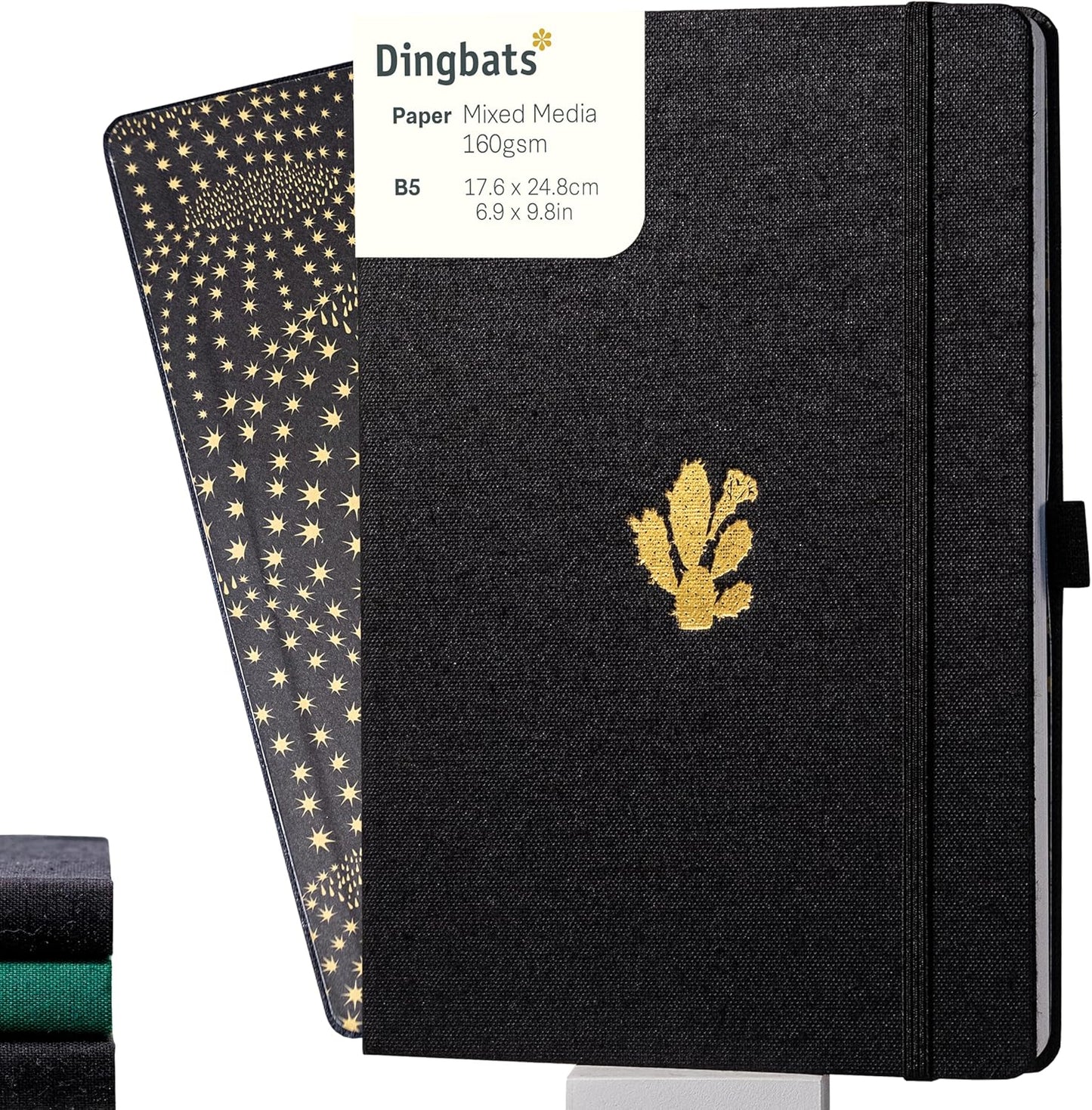Dingbats* Pro Dotted Large B5 Notebook - Black Textile Cover, Thread-Bound Writing Journal - for Work, Travel - Pocket, Elastic Closure, Bookmark