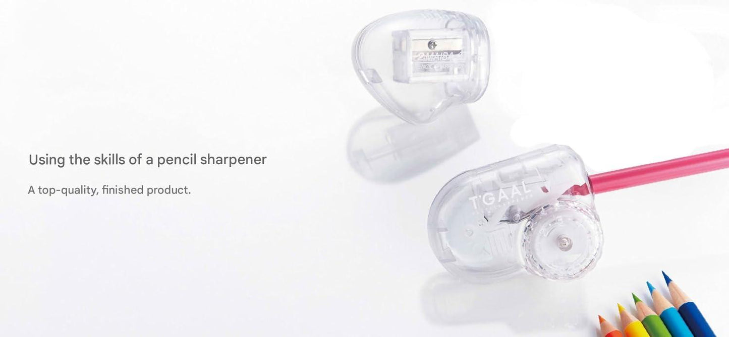 Transparent pencil sharpener with a pink pencil on a white background