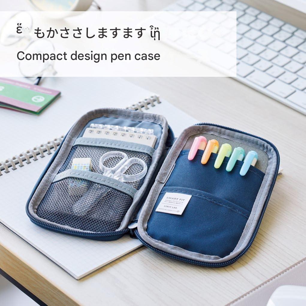 Compact design pen case with stationery items on a desk