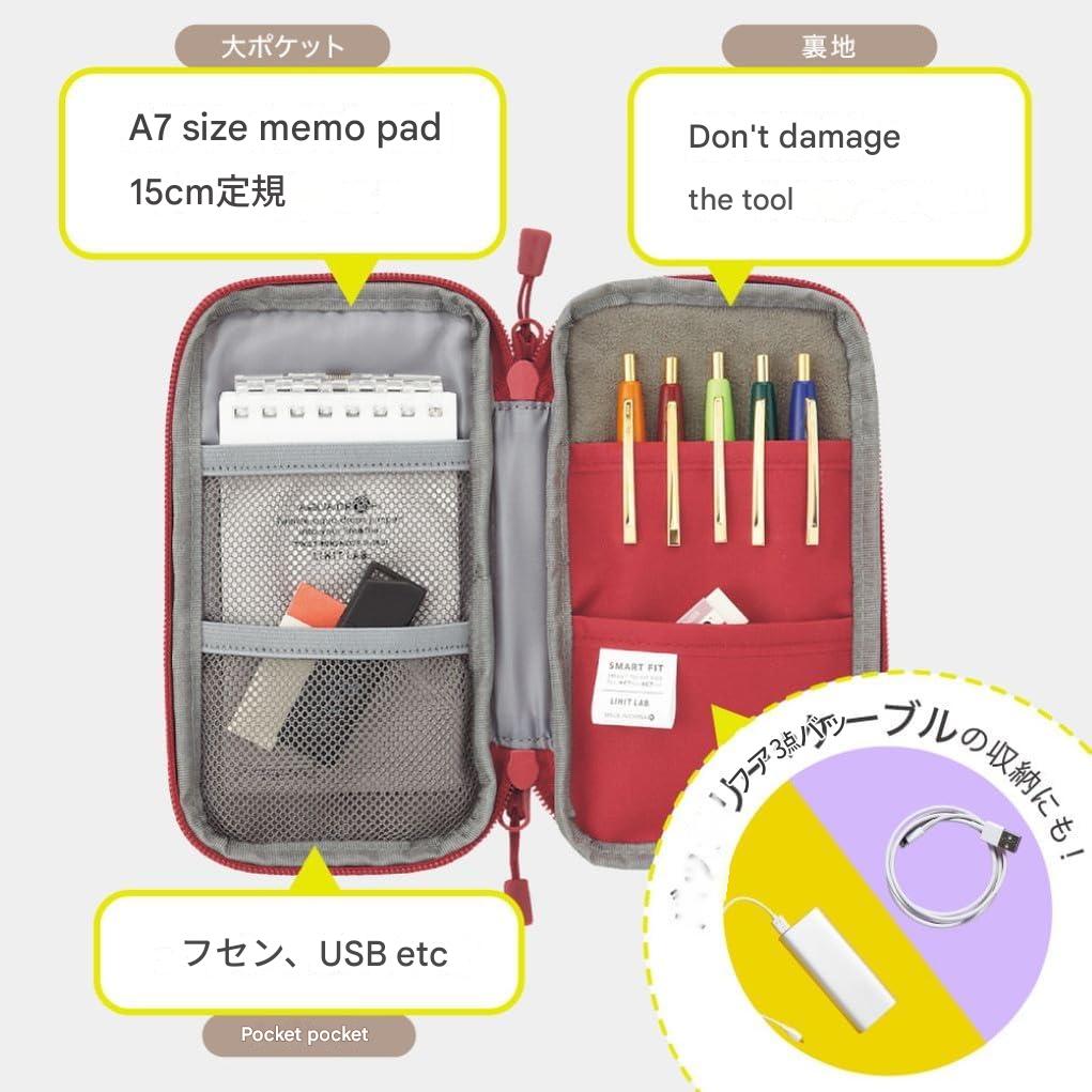 Organized pouch with compartments for stationery items and tools on a white background