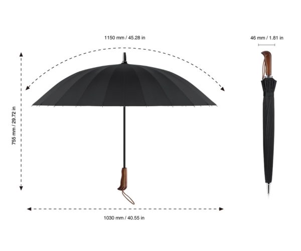 Plemo Windproof Stick Umbrella, Wood Handle Waterproof Cloth with 24 Ribs, Durable for Optimal Resistance to Wind and Rain, Classic Black - Image 5