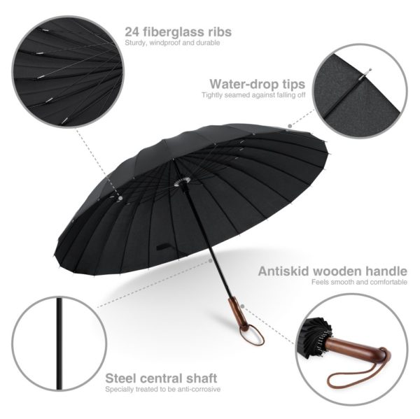 Plemo Windproof Stick Umbrella, Wood Handle Waterproof Cloth with 24 Ribs, Durable for Optimal Resistance to Wind and Rain, Classic Black - Image 2