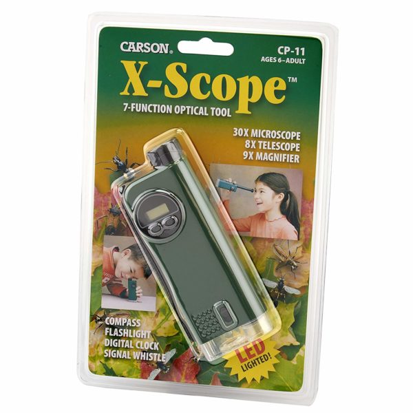 Carson X-Scope Kids 7 Function Multi Purpose Optical Pocket Tool with 30x Microscope, 8x Telescope, 9x Fold-Out Magnifier, Flashlight, Signal Whistle, Directional Compass and Digital Clock (CP-11) - Image 2