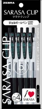Zebra P-JJS15-BK5 Sarasa Clip Gel Ballpoint Pen, 0.4, Black, 5 Pieces